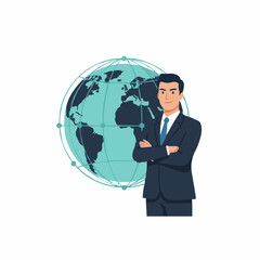 Flat vector business leader standing in front of digital globe