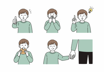A young boy showing various emotions and actions like thumbs up, surprise, idea, eating, and holding something