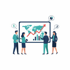 Vector team analyzing international finance charts, minimal corporate