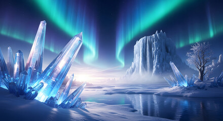 Cool wallpaper Aurora borealis over a frozen landscape ice crystals and snow-covered mountains a magical winter scene