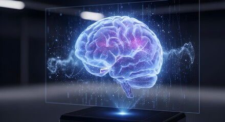 Representation of the human brain in the form of a futuristic hologram with light effects and digital elements. This visual displays realistic details of brain structure with a high-tech feel