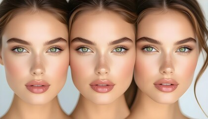 Three women with green eyes and symmetrical faces in soft-lit beauty portrait