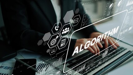 Business professional using laptop with holographic algorithm interface for digital transformation in modern workplace. Asymptotic smart data analytic. - Powered by Adobe