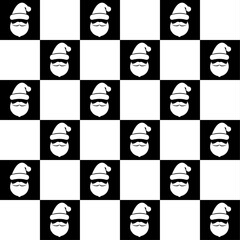 Seamless Santa Claus Head Black and White Checkerboard Pattern. Monochrome Holiday Background