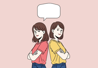 Fototapeta premium Two young women standing back to back with arms crossed and a speech bubble above them, isolated on a pink background