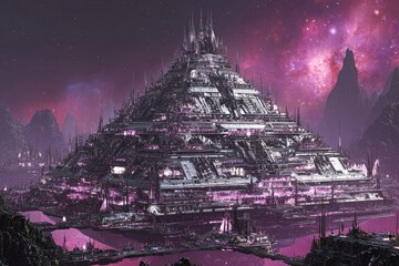 Futuristic Pyramid City In Space With Pink Purple Lights