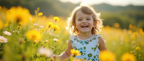 Joyful child runs through sunlit wildflower meadow, camera gently tracking, with flowers swaying in a cinematic summer breeze, evoking happiness, nature, and serenity.