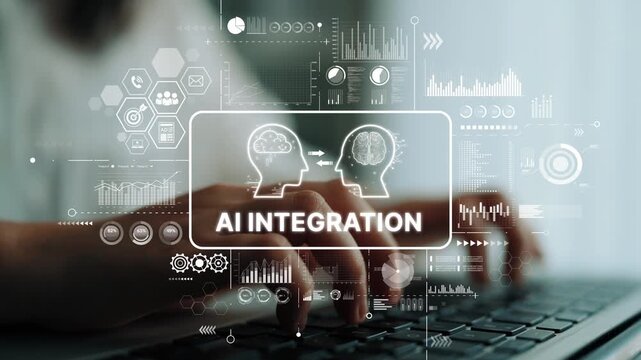 Futuristic AI Integration Concept with Human and Machine Intelligence Interaction in a Digital Workspace. Asymptotic smart data analytic.