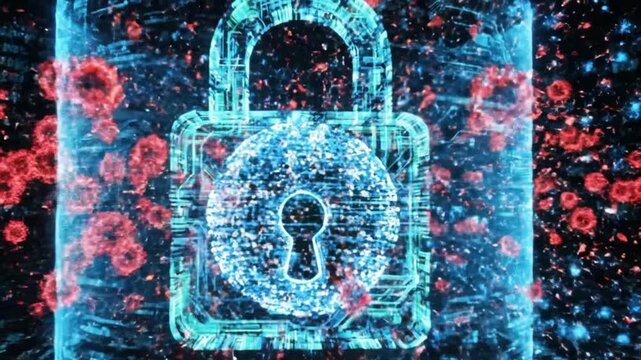 Digital padlock protecting data from virus threat with red virus cells on dark background design concept