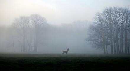 Cool wallpaper Solitary deer standing in a misty field surrounded by trees creating a serene and atmospheric nature scene