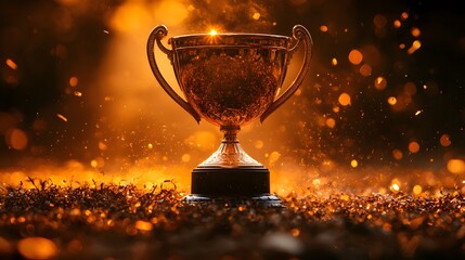 Golden trophy shining with sparkles on a warm autumn evening, showcasing victory and achievement