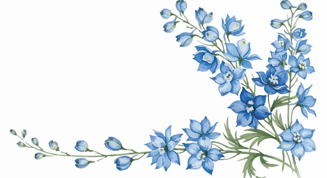 Blue watercolor floral corner border isolated on white background for wedding invitation design
