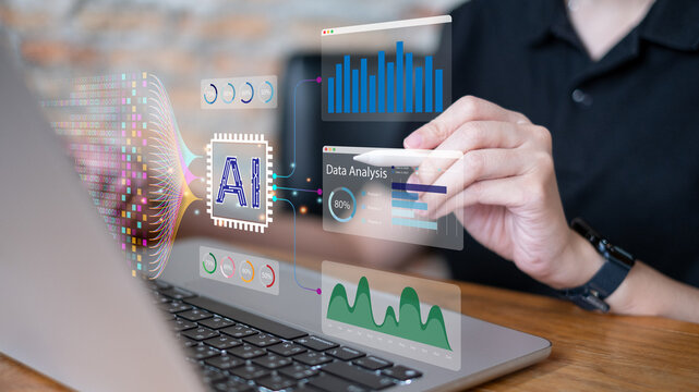 Person using ai artificial intelligence flow algorithm data network analysis visualization prediction digital information software innovation system dashboard report connection technology concept