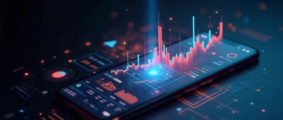 Futuristic smartphone screen displays dynamic financial data visualizations, with glowing charts rising, camera slowly tracking, and digital elements lightly pulsating in a cinematic style. - Powered by Adobe