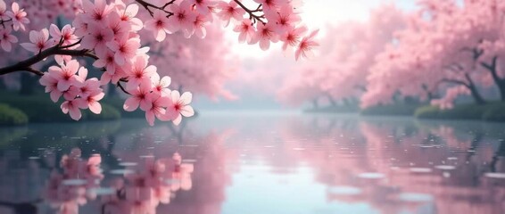 Serene cherry blossoms sway gently by a tranquil lake, with a slow cinematic pan capturing the delicate reflections and soft pastel hues, perfect for a peaceful nature scene. - Powered by Adobe