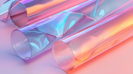 Abstract composition of iridescent translucent films rolled into dynamic shapes, creating a vibrant gradient of pastel pink, purple, blue, and with holographic reflections.