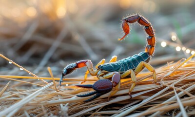 Close-up of a scorpion on dried grass at sunrise
