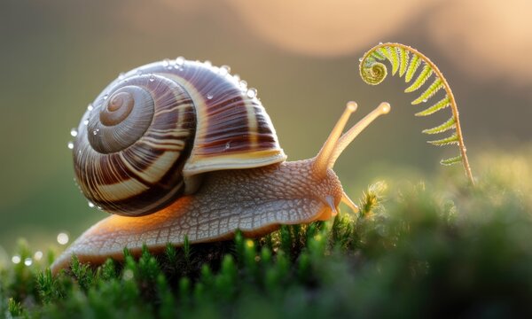 Close-up of a snail on moss, bathed in morning light.  A delicate fern frond curls behind it