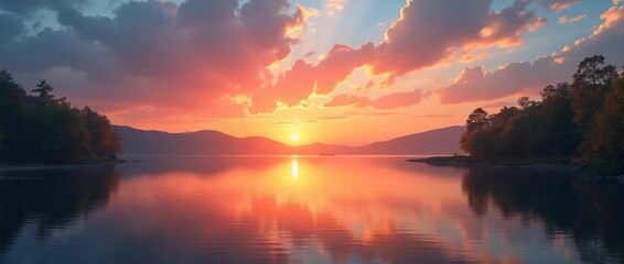 Serene sunrise over tranquil lake with gentle water ripples, camera slowly pans across vibrant horizon, capturing the breathtaking beauty of nature in a cinematic landscape. - Powered by Adobe