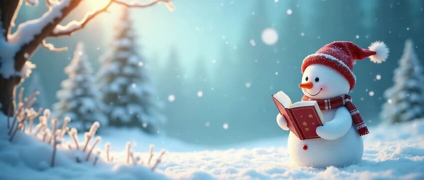 Cinematic winter scene with a cheerful snowman reading a book, snow gently falling around; slow pan reveals a tranquil forest backdrop, creating a serene, festive atmosphere.