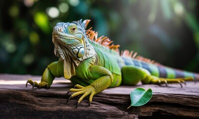 Obraz premium Close-up of a vibrant green iguana on a log. Lush, out-of-focus background of greenery