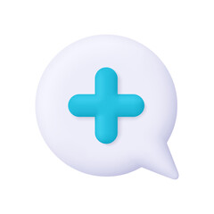 Obraz premium White speech bubble with blue medical cross or plus sign. Healthcare, medical communication, online consultation and hospital chat concept. 3d vector icon. Cartoon minimal style.