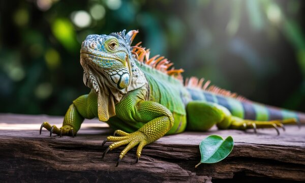 Close-up of a vibrant green iguana on a log. Lush, out-of-focus background of greenery - Powered by Adobe