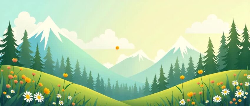 Serene panoramic view of lush mountain landscape with gentle swaying wildflowers, as the camera slowly pans across the vibrant, cinematic scene under a tranquil, clear sky.