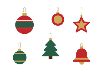 Festive Christmas Ornaments in Red, Green, and Gold, Hanging Decorations.