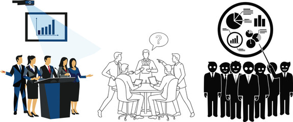 Corporate presentation vector, business meeting illustration, team discussion, data analysis report, bar chart growth, pie chart dashboard, brainstorming session, strategy