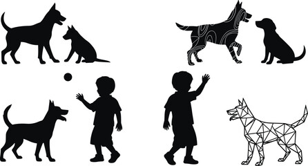 Dog and child silhouette, playful interaction, artistic pet design, emotional bond vector, friendship moment, black illustration, creative animal concept
