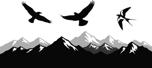 Flying birds silhouette, mountain landscape art, black and white nature scene, raptor and swallow flight, wilderness freedom, peaceful sky view