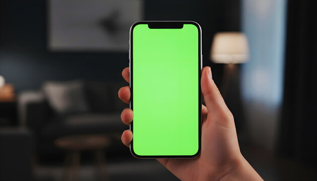 Hand holding futuristic smartphone with vivid green screen mockup perfect for mobile app interface presentation digital technology concept high quality device showcase
