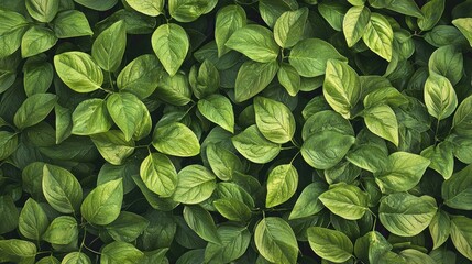A vibrant, top-down view of lush green leaves, showcasing a dense, detailed botanical texture with natural light and intricate patterns.