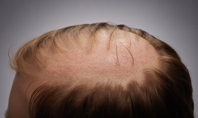 Close-up of receding hairline.  Sparse hair on top of head.  Light-colored hair.  Skin visible, showing scalp.  Gray backdrop