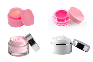 Assortment of cosmetic creams and lip balms in various colors and containers showcasing beauty products for skincare and personal care routines on a clean on transparent background