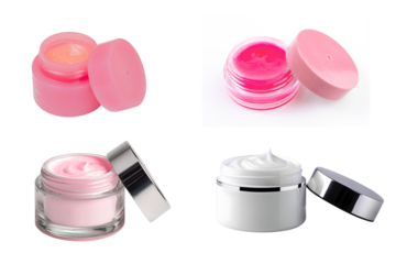 Assortment of cosmetic creams and lip balms in various colors and containers showcasing beauty products for skincare and personal care routines on a clean on transparent background