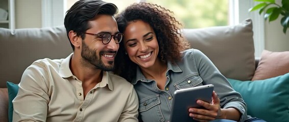 Happy couple enjoying digital content on a tablet, seated on a cozy sofa as sunlight filters through a window; camera slowly pans to capture their joyful interaction in a warm, cinematic style. - Powered by Adobe
