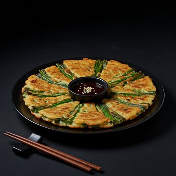 A golden buchu jeon 부추전 (green onion pancake) with dipping sauce, served on a black plate against a black background. composition highlights the crispy edges and vibrant green, with dramatic lighting
