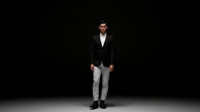 A man in a black blazer and gray pants walks towards the camera in a dark studio setting elegantly