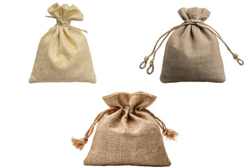 Three burlap sacks in varying shades of brown and beige are against a showcasing rustic textures and potential for storage or decorative packaging uses on transparent background