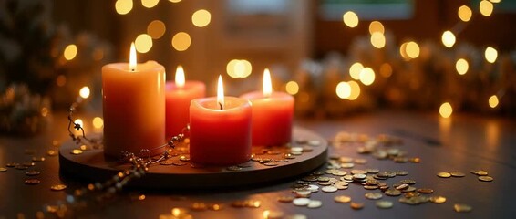 Warm candlelight flickers in a cozy holiday setting, surrounded by shimmering golden coins, as the camera gently pans, capturing a serene, ambient, cinematic atmosphere. - Powered by Adobe