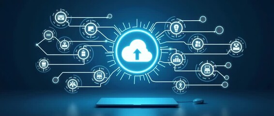 Futuristic technology interface with glowing cloud computing icons radiating from a laptop, as the camera slowly pans to reveal interconnected data lines in a cinematic digital style. - Powered by Adobe