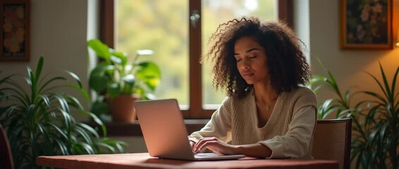 Focused young woman typing on a laptop in a serene home office, plants gently swaying as the camera slowly pans, in a warm, cinematic style highlighting productivity and creativity.