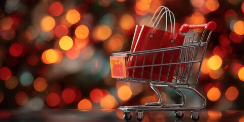 The Shopping Cart with Red Gift Bags Against a Festive Bokeh Holiday Background