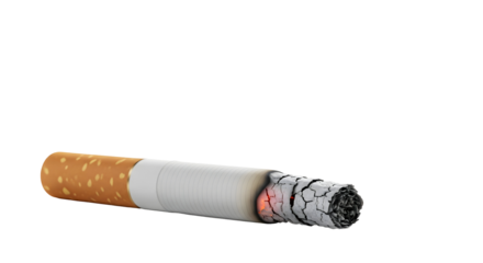 A lit cigarette, the tip glowing brightly, a symbol of a dangerous habit, isolated on transparent background