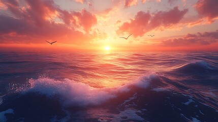 Sunset over ocean waves view