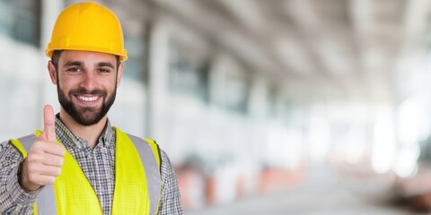 The construction worker giving a thumbs up wearing a hardhat and safety vest