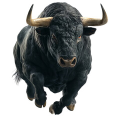 Majestic black bull with powerful muscles and impressive horns in mid-leap.