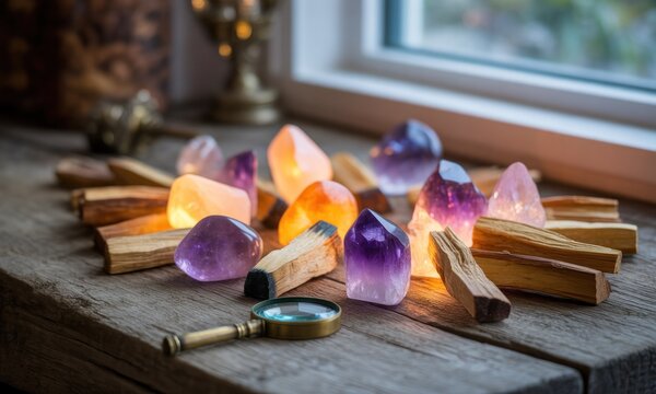 Crystals and Palo Santo on rustic wood, lit by soft light - Powered by Adobe